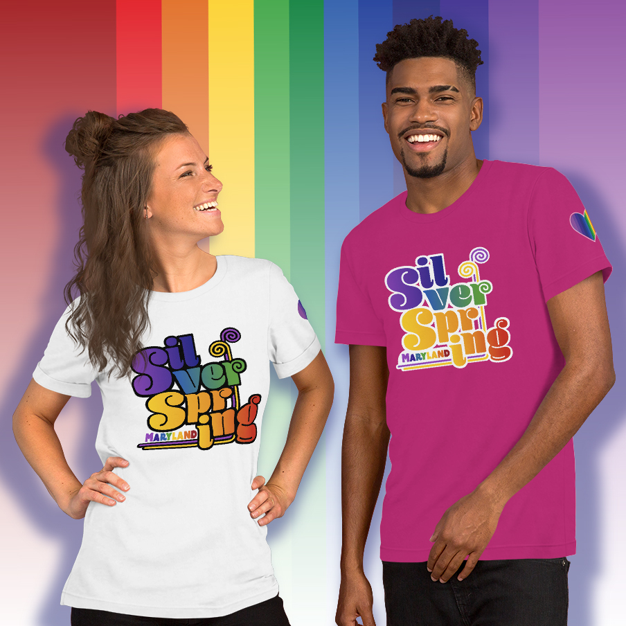 Silver Spring Proud! T-shirt. Fun rainbow letters on the front and a rainbow heart on the sleeve. Available in 11 colors.